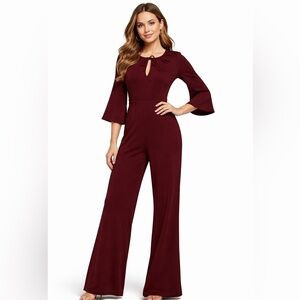 New York & Company Burgundy Bell Sleeve Jumpsuit